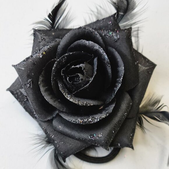 MENS Black Rose Feathers Corsage Black Rose Brooch Rose Floral Hair Tie  NEW - Picture 9 of 10